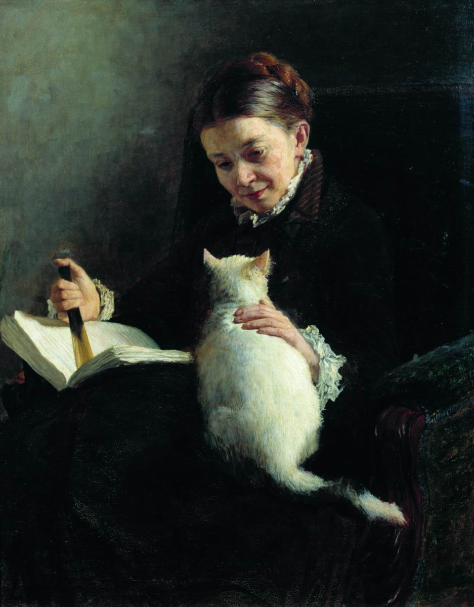 Portrait of a Lady with Cat, vintage artwork by Nikolai Aleksandrovich Yaroshenko, 12x8" (A4) Poster