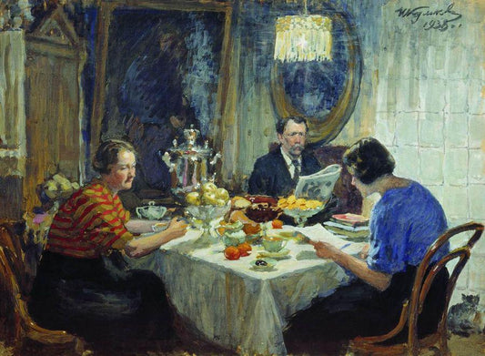 Family at a Table, vintage artwork by Ivan Kulikov, 12x8" (A4) Poster