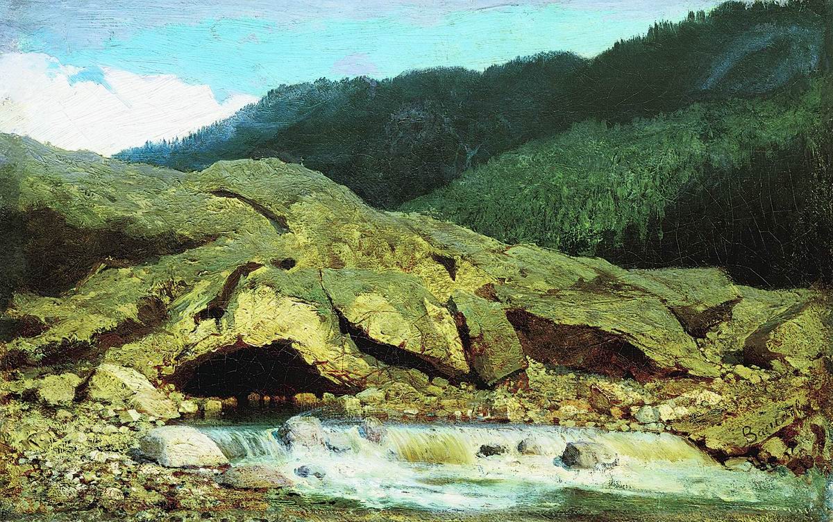Landscape with Rocks and Stream, vintage artwork by Feodor Vasilyev, 12x8" (A4) Poster