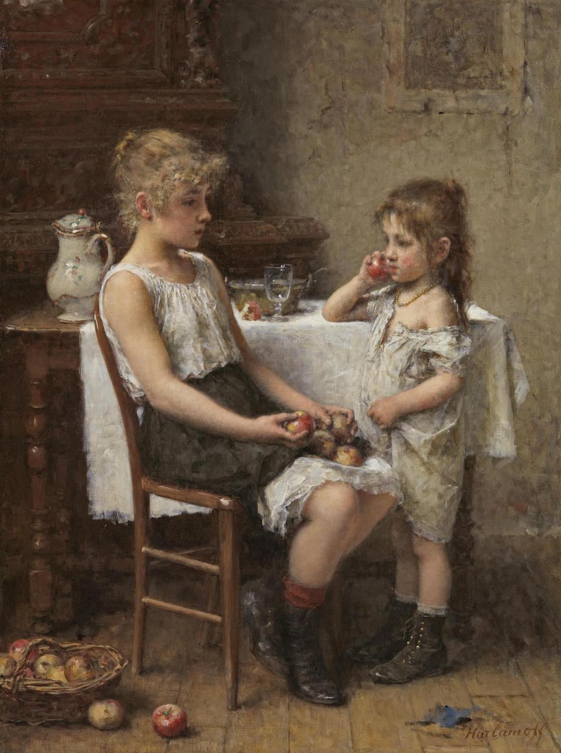 Choosing apples, vintage artwork by Alexei Harlamoff, 12x8" (A4) Poster