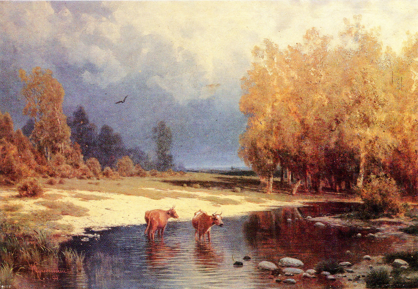 Landscape with the river and the cows, vintage artwork by Petr Sukhodolsky, 12x8" (A4) Poster