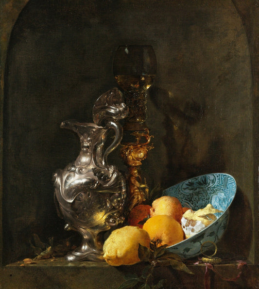 Still Life: Silver Jug and a Porcelain Bowl, vintage artwork by Willem Kalf, 12x8" (A4) Poster