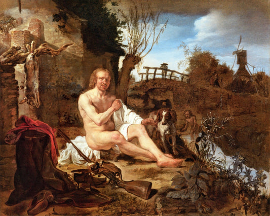 A Hunter Getting Dressed after Bathing, vintage artwork by Gabriël Metsu, 12x8" (A4) Poster