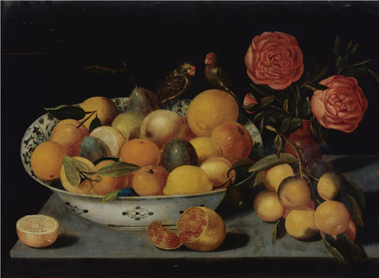 Still life of fruit in a Wanli bowl with a pomegranate, a bunch of oranges, roses and two parrots, vintage artwork by Peter Binoit, 12x8" (A4) Poster