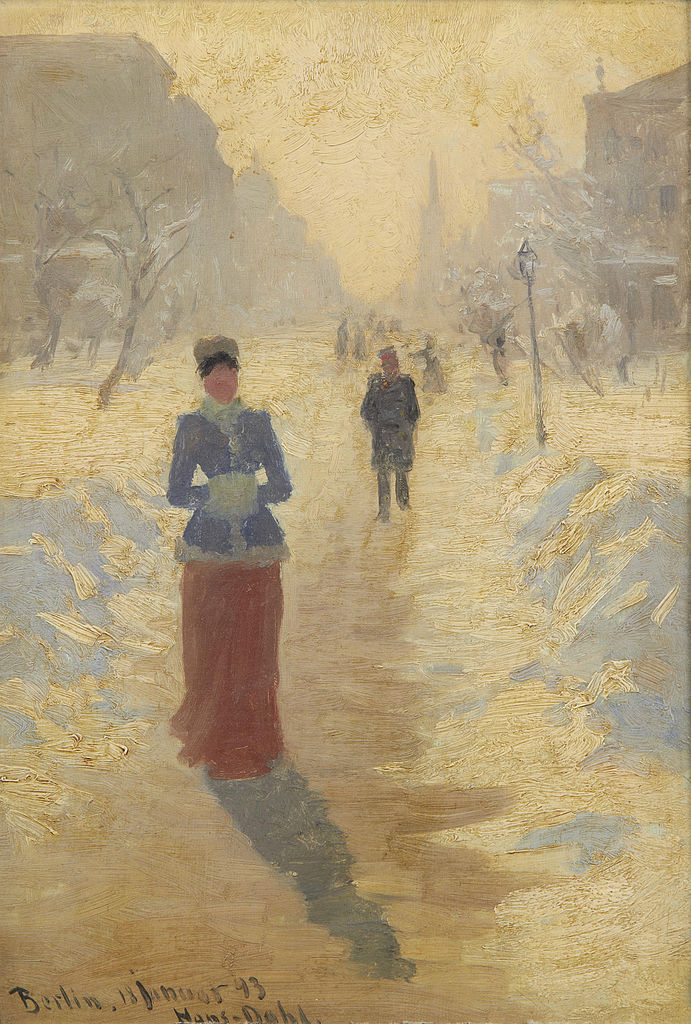 Snowy Street, Berlin, vintage artwork by Hans Dahl, 12x8" (A4) Poster