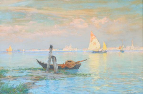 Venice and Mooring Posts, vintage artwork by Walter Launt Palmer, 12x8