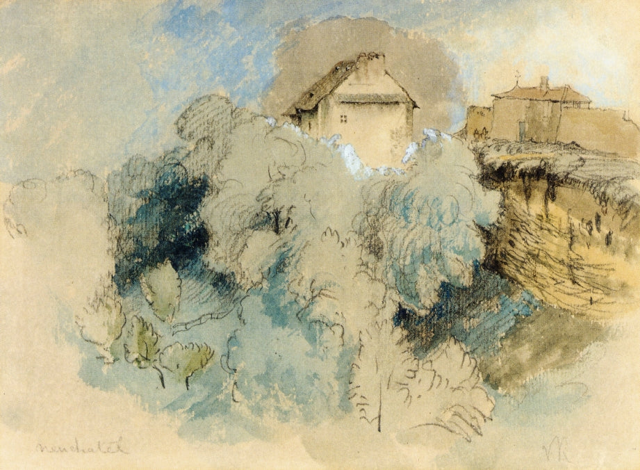 Houses at Heuchatel, Switzerland, vintage artwork by John Ruskin, A3 (16x12") Poster Print