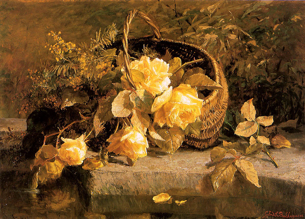 Still life of flowers in a basket by  water's edge, vintage artwork by Geraldine Jacoba van de Sande Bakhuyzen, 12x8" (A4) Poster