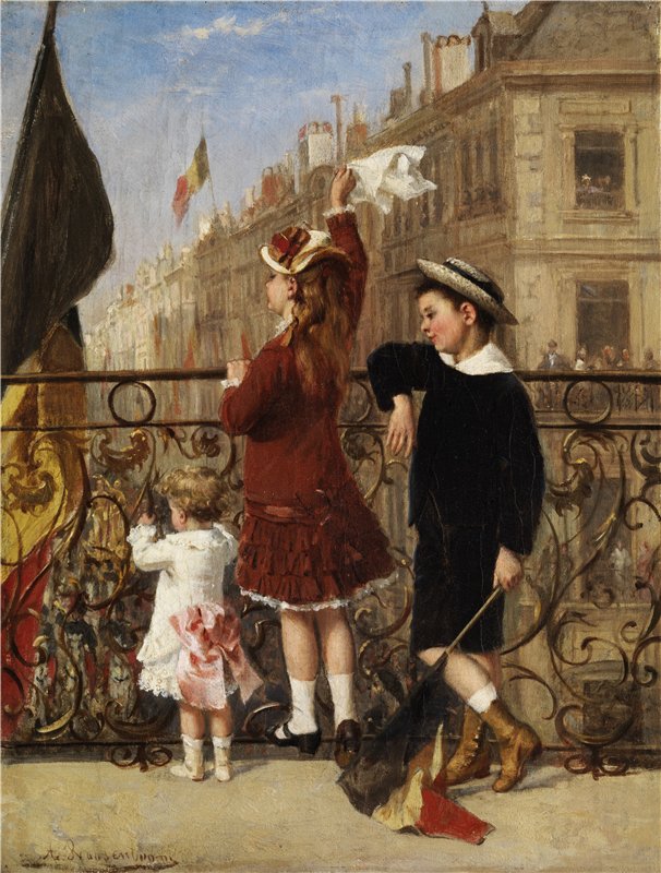 Winkende Kinder bei einem Fest in der Stadt, vintage artwork by Albert Roosenboom, 12x8" (A4) Poster