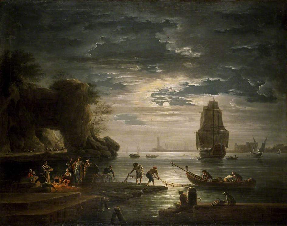 Coastal Scene (La Nuit), vintage artwork by Claude-Joseph Vernet, 12x8" (A4) Poster