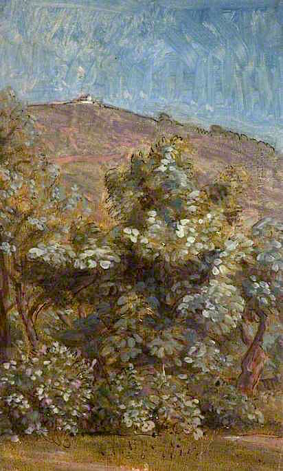 Hilly Landscape with Pink Flowering Shrubs, vintage artwork by Joshua Cristall, 12x8" (A4) Poster