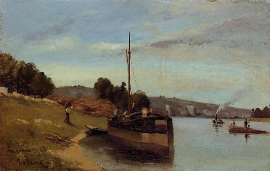 Barges at la Roche Guyon, vintage artwork by Camille Pissarro, 12x8" (A4) Poster