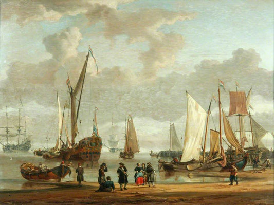 Coast Scene with Shipping Anchored Offshore and Figures on a Beach in the Foreground, vintage artwork by Abraham Jansz. Storck, 12x8" (A4) Poster
