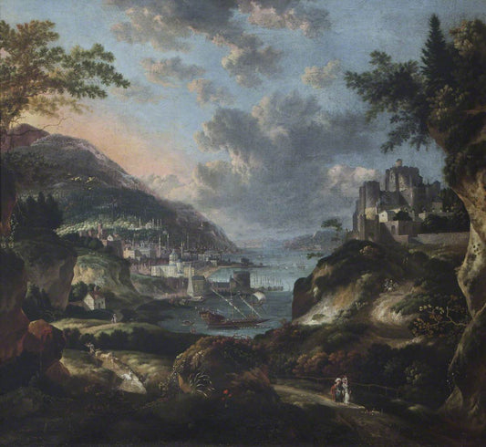 An Imaginary Eastern Port with Figures and Animals, with Dover Castle, vintage artwork by Jan Griffier, 12x8" (A4) Poster