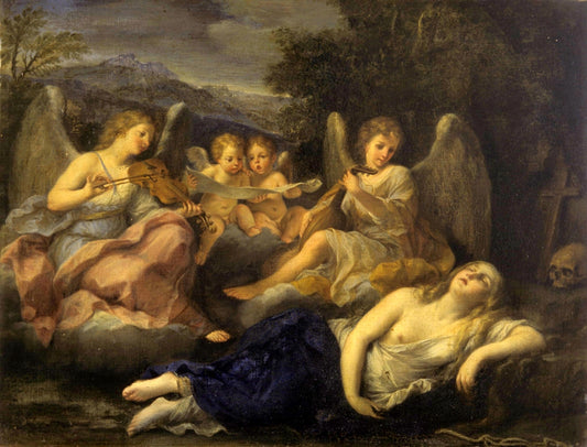 The Ecstasy of Mary Magdalene with Angels Playing Music, vintage artwork by Marcantonio Franceschini, 12x8" (A4) Poster