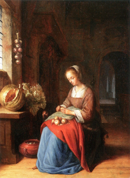 A Young Woman Preparing Vegetables in a Kitchen, vintage artwork by Jan Andrianensz. van Staveren, 12x8" (A4) Poster