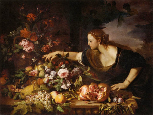 Woman Grasping Fruit, vintage artwork by Abraham Brueghel, 12x8" (A4) Poster