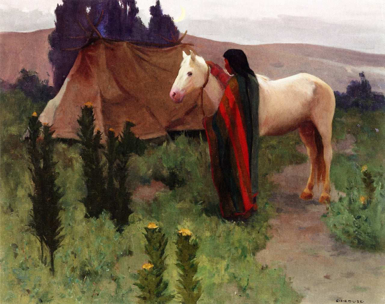 Evening Scene with White Horse, vintage artwork by Eanger Irving Couse, 12x8" (A4) Poster