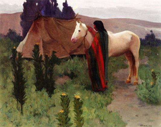 Evening Scene with White Horse, vintage artwork by Eanger Irving Couse, 12x8" (A4) Poster