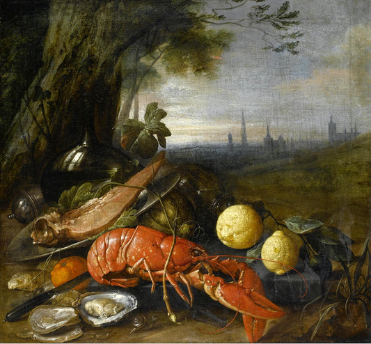 Lemons with oysters, a lobster, melons and a bottle of wine at the foot of a tree, vintage artwork by Cornelis de Heem, 12x8" (A4) Poster