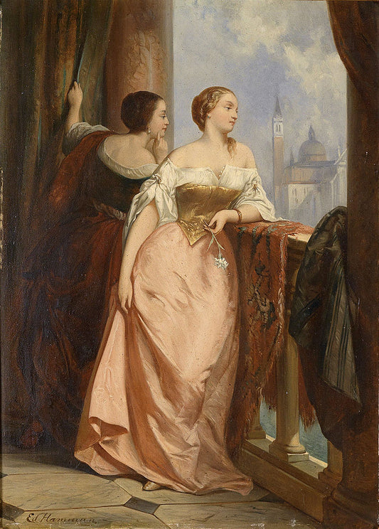 Two Ladies on the Balcony, vintage artwork by Edouard Hamman, A3 (16x12") Poster Print