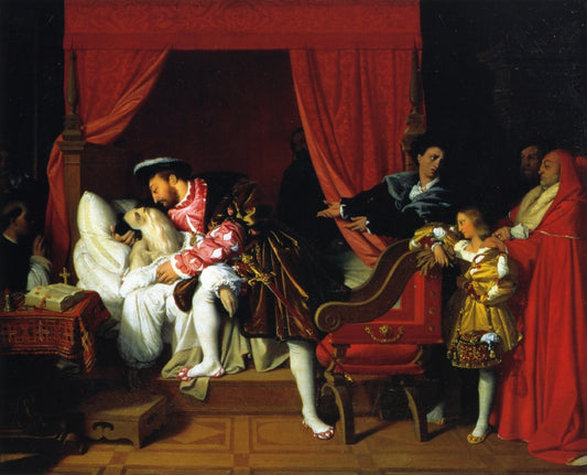 The Death of Leonardi da Vinci, vintage artwork by Jean-Auguste-Dominique Ingres, 12x8" (A4) Poster