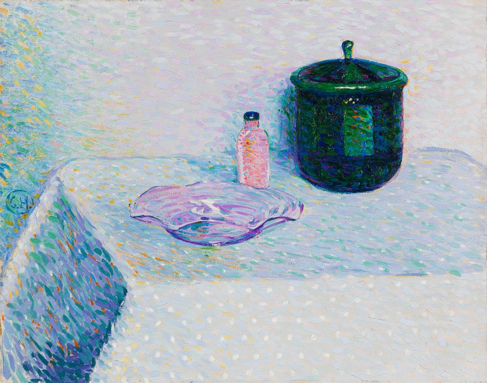 Still Life with Tray, Bottle and Broiler, vintage artwork by Curt Herrmann, 12x8" (A4) Poster