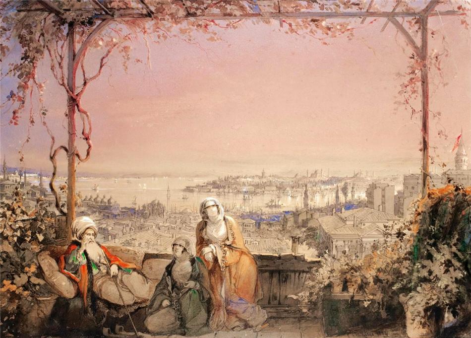 Istanbul, From A Terrace In Pera, vintage artwork by Count Amadeo Preziosi, A3 (16x12") Poster Print