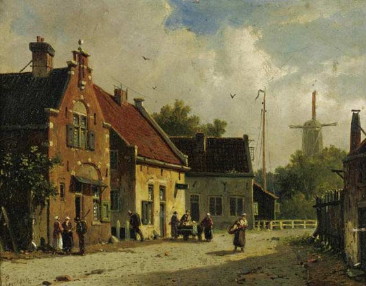 Village Street, Windmill in Distance, vintage artwork by Adrianus Eversen, A3 (16x12") Poster Print