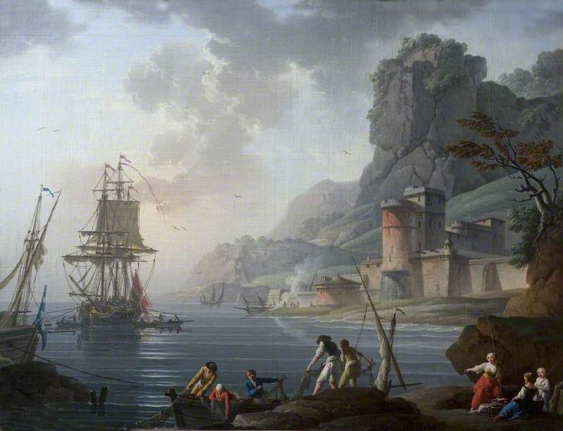 Coastal Scene with Fishermen, vintage artwork by Charles François Grenier de Lacroix, 12x8" (A4) Poster
