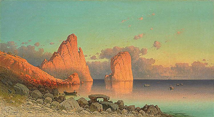Faraglioni Rocks, Capri, vintage artwork by Alexander Swieszewski, 12x8" (A4) Poster