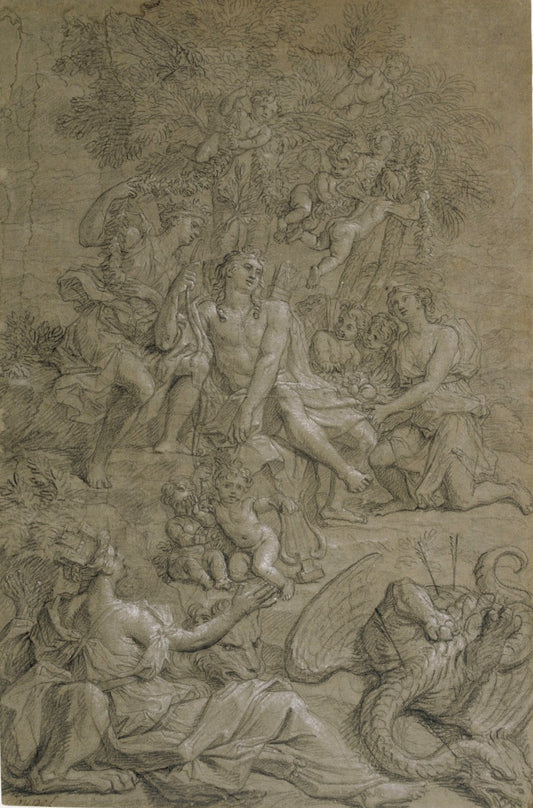 Story of Apollo - Apollo Crowned by  Victory after Having Slayed Python, vintage artwork by Noël Coypel I, 12x8" (A4) Poster