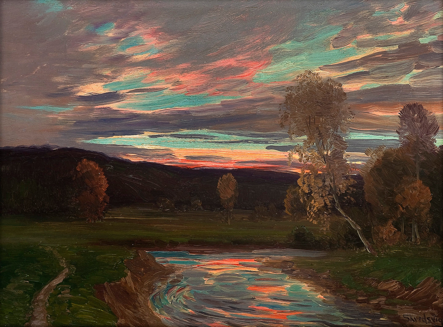 Sunset over Eggedal, vintage artwork by Christian Skredsvig, 12x8" (A4) Poster