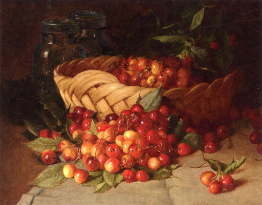 Cherries with Basket, vintage artwork by Frank Convers Mathewson, 12x8" (A4) Poster