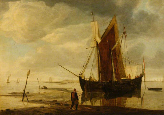A Boat Off Shore, vintage artwork by Simon de Vlieger, 12x8" (A4) Poster