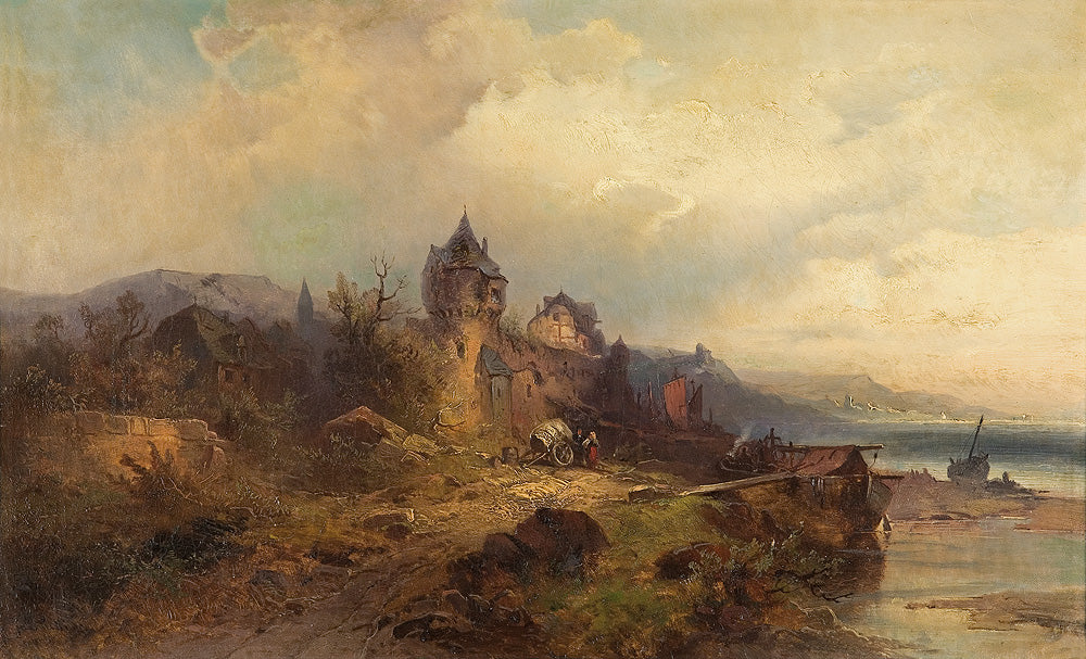 Landscape of a Village on the Rhine, vintage artwork by Nicolai von Astudin, 12x8" (A4) Poster