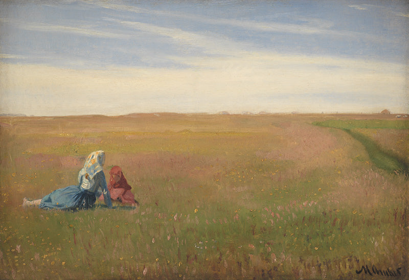Two Girls on a Field. Summer Day, vintage artwork by Michael Peter Ancher, 12x8" (A4) Poster