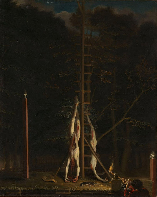 The Corpses of the Brothers De Witt, on the Groene Zoodje at the Lange Vijverberg in The Hague, vintage artwork by Jan de Baen, 12x8" (A4) Poster