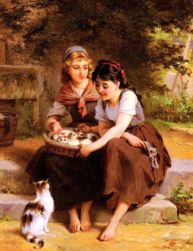 Two Girls With A Basket Of Kittens, vintage artwork by Émile Munier, 12x8" (A4) Poster