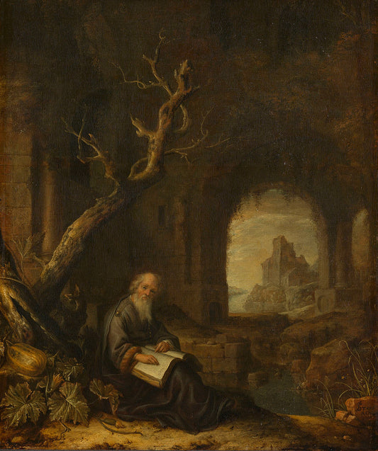 Hermit in the Ruins, vintage artwork by Jan Andrianensz. van Staveren, 12x8" (A4) Poster