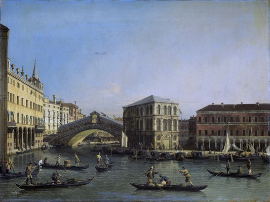 The Grand Canal with the Rialto Bridge and Fondaco dei Tedeschi, vintage artwork by Workshop of Canaletto, 12x8" (A4) Poster