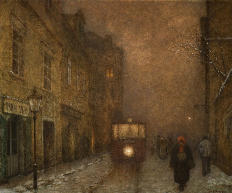 Tram in Prague Street, vintage artwork by Jakub Schikaneder, 12x8" (A4) Poster