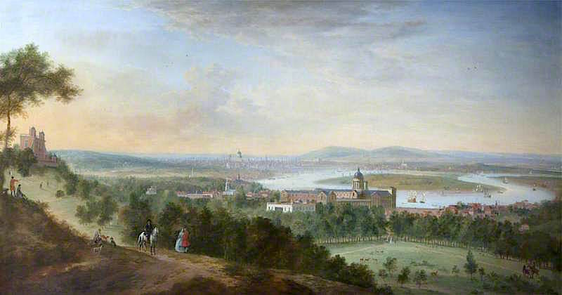Panoramic View of Greenwich, the Thames, and London, from the East, vintage artwork by Robert Griffier, 12x8" (A4) Poster