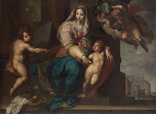 Mary with Infant, Saint John and Angels, vintage artwork by Jacob Adriaensz. Backer, 12x8" (A4) Poster
