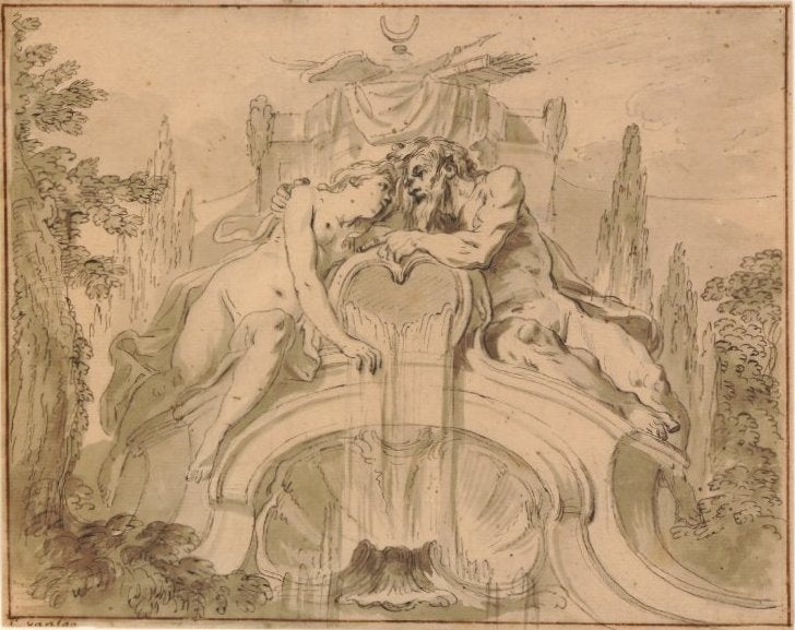 Design for a Fountain with Two Reclining Figures, vintage artwork by Carle van Loo, 12x8" (A4) Poster