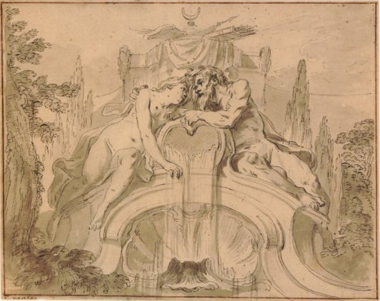 Design for a Fountain with Two Reclining Figures, vintage artwork by Carle van Loo, 12x8" (A4) Poster