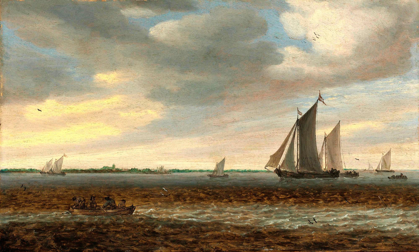 Sailboats and a Rowboat in Coastal Waters, vintage artwork by Salomon van Ruysdael, 12x8" (A4) Poster