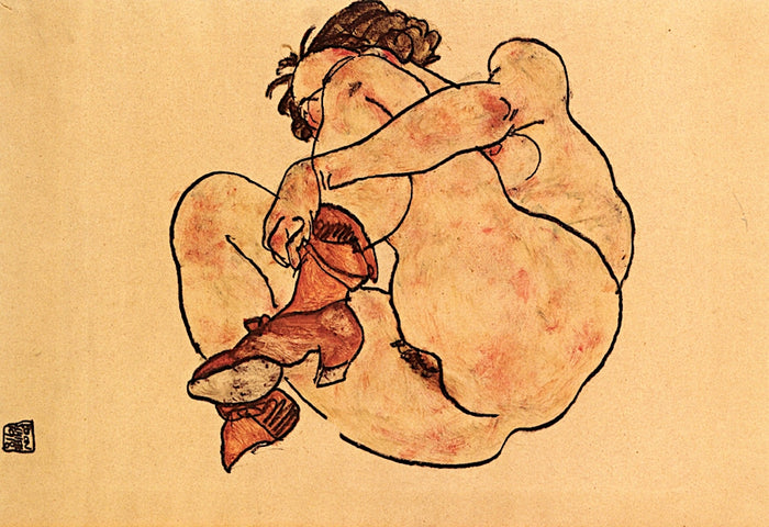 Crouching Woman, vintage artwork by Egon Schiele, 12x8