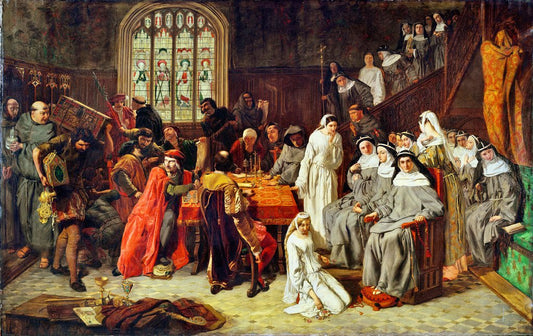 Visitation and Surrender of Syon Nunnery to the Commissioners, 1539, vintage artwork by Paul Falconer Poole, R.A., R. I., A3 (16x12") Poster Print