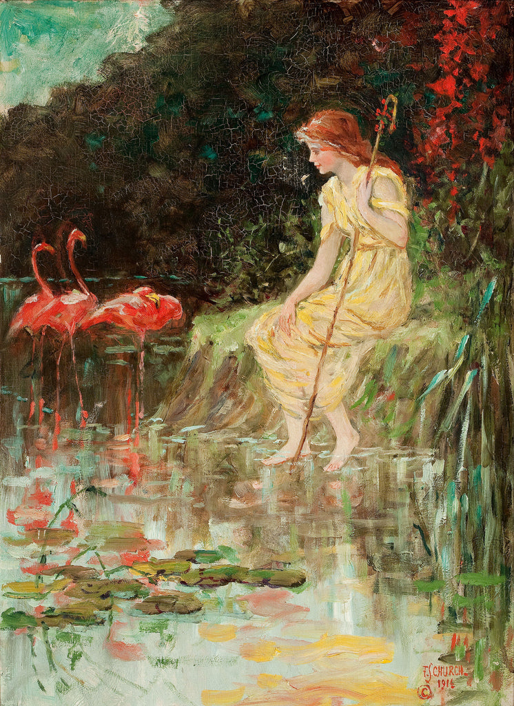 Maiden with Flamingos, vintage artwork by Frederick Stuart Church, 12x8" (A4) Poster